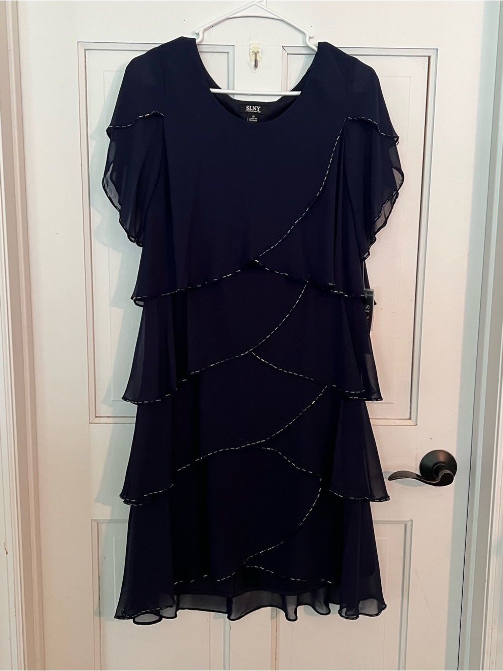 Tiered Chiffon Cocktail Dress with Bugle Beaded Trim and Flutter Sleeves